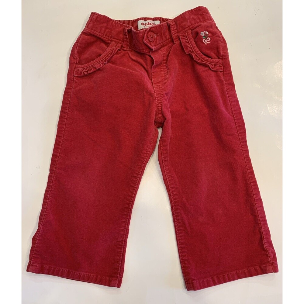 Vintage Oshkosh B'gosh Bright Pink Velvet Pants Embroidered Flowers Sz 18 Months